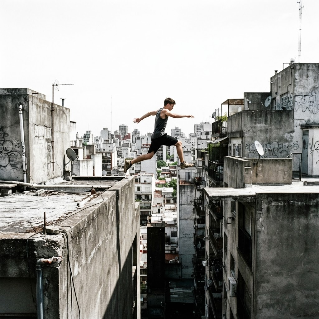 Traceur en salto de precisión sobre tejados urbanos